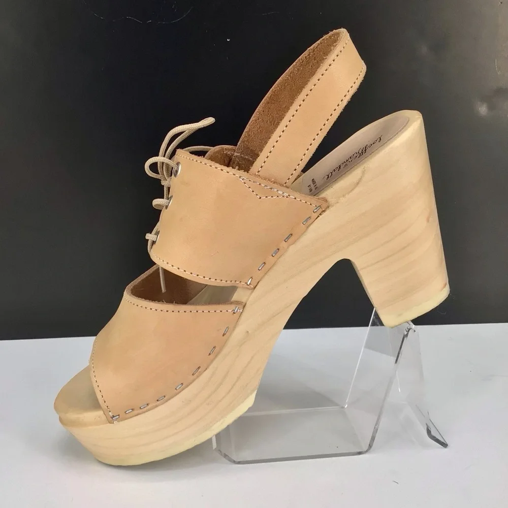 Loeffler Randall Beige Leather Open Toe Block Heel Clog Sandals Size 39 US 8.5
